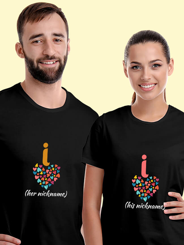 Custom Cute Nickname Multicolor Love Symbols Couples T Shirt