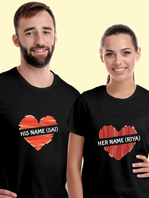 Custom His And Her Name Love Shape Couples T Shirt