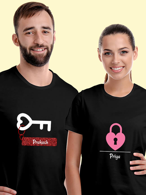 Custom Romantic Heart Lock And Key Couples T Shirt