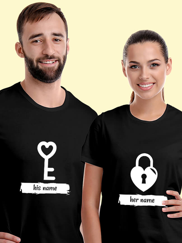 Custom Romantic Heart Lock And Vertical Key Couples T Shirt