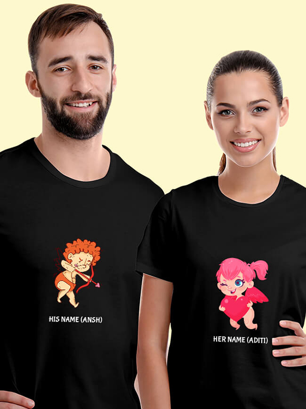 Custom Cupid Shooting Arrow Couples T Shirt