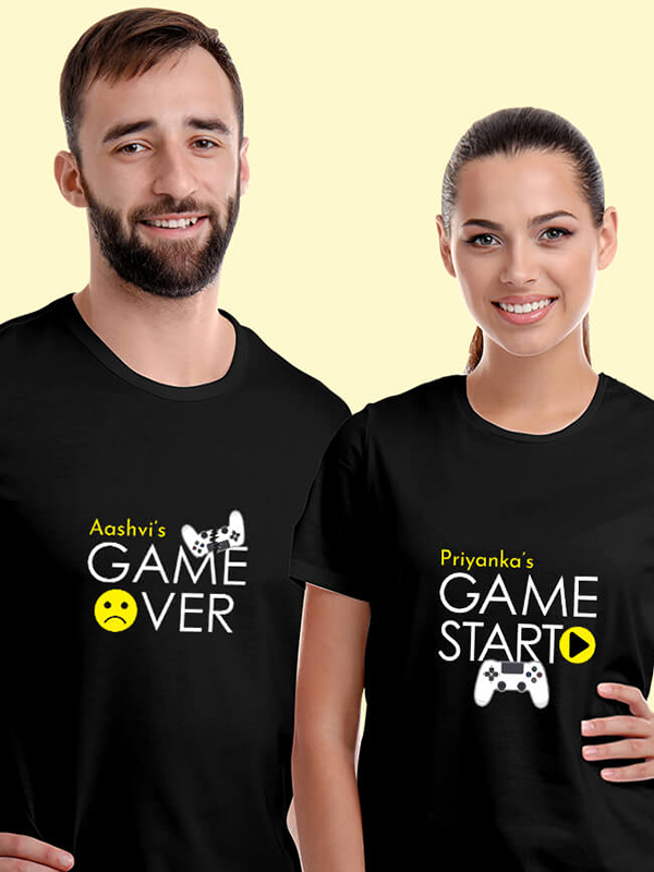 Custom Game Start Game Over Theme with Name On Customized Couple T-Shirt