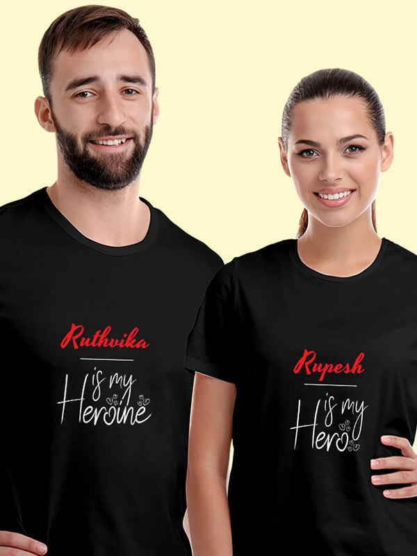 Custom He is My Hero, She is My Heroine with Names On Couple T-shirts For Men & Women