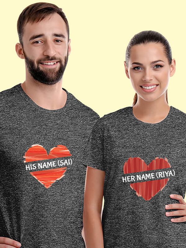 Custom His And Her Name Love Shape Couples T Shirt