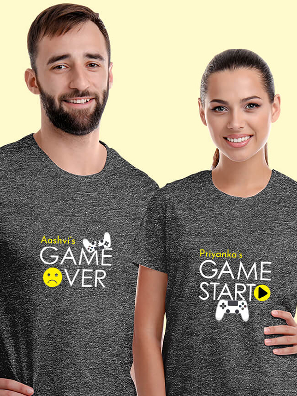 Custom Game Start Game Over Theme with Name On Customized Couple T-Shirt