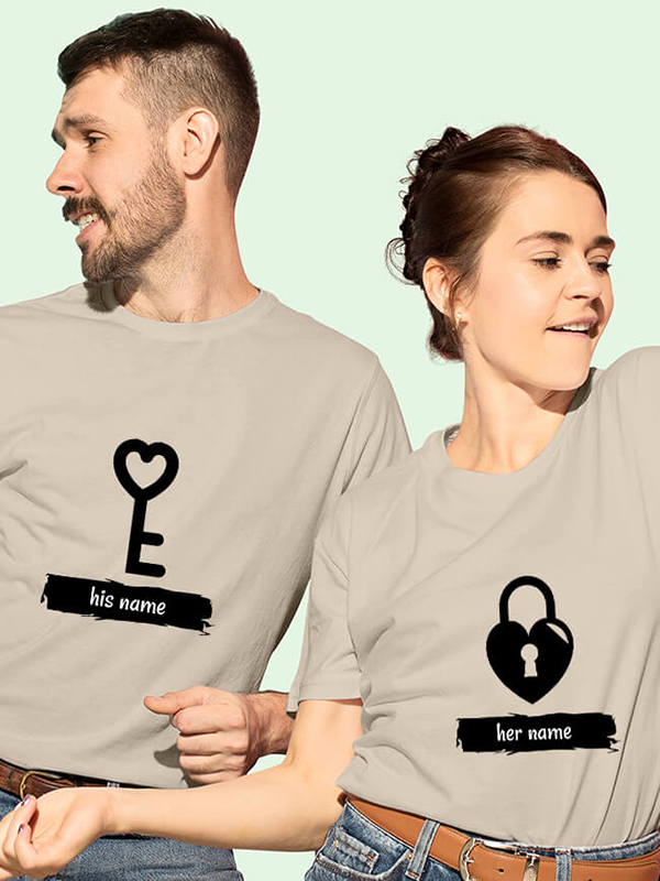 Custom Romantic Heart Lock And Vertical Key Couples T Shirt