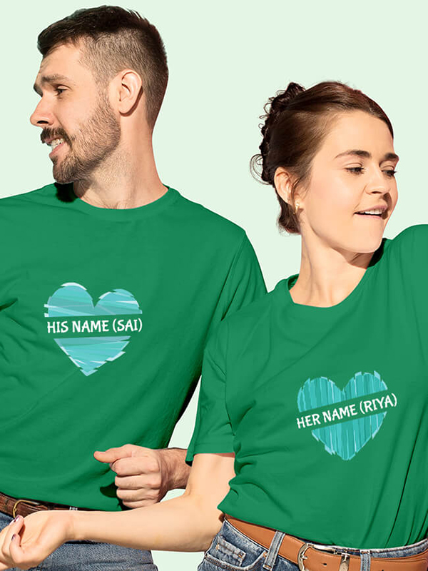 Custom His And Her Name Love Shape Couples T Shirt