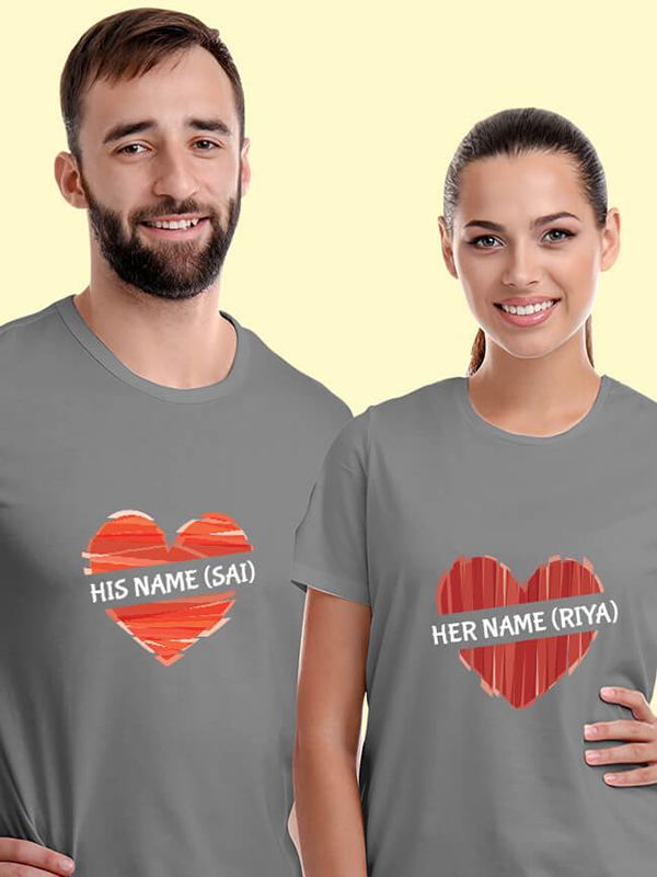 Custom His And Her Name Love Shape Couples T Shirt