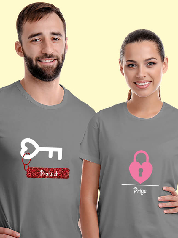 Custom Romantic Heart Lock And Key Couples T Shirt