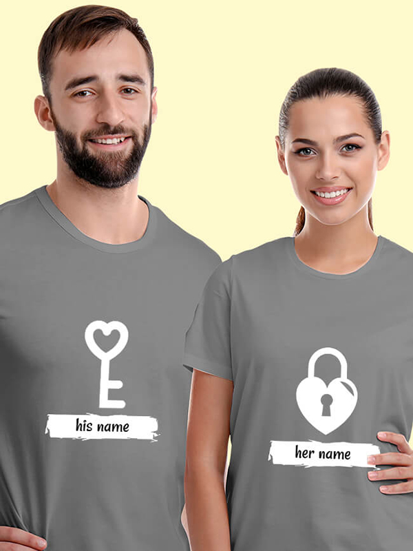 Custom Romantic Heart Lock And Vertical Key Couples T Shirt