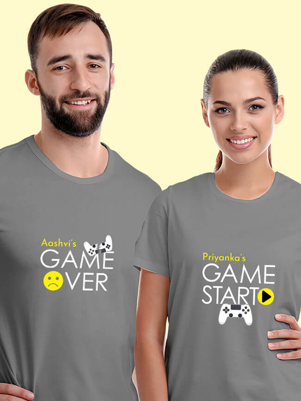 Custom Game Start Game Over Theme with Name On Customized Couple T-Shirt