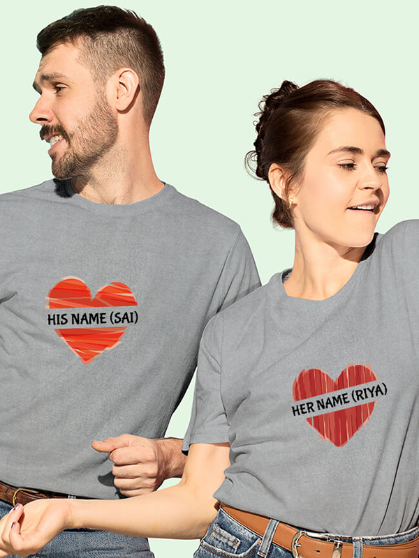 Custom His And Her Name Love Shape Couples T Shirt