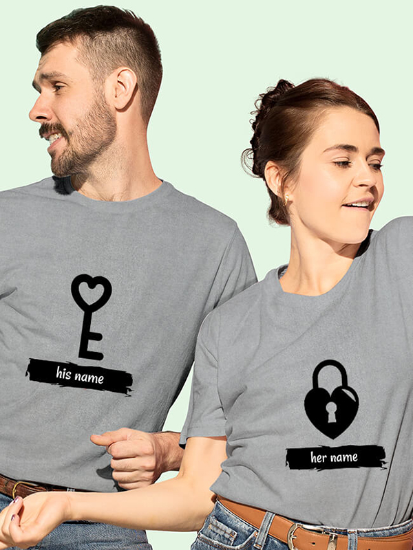 Custom Romantic Heart Lock And Vertical Key Couples T Shirt