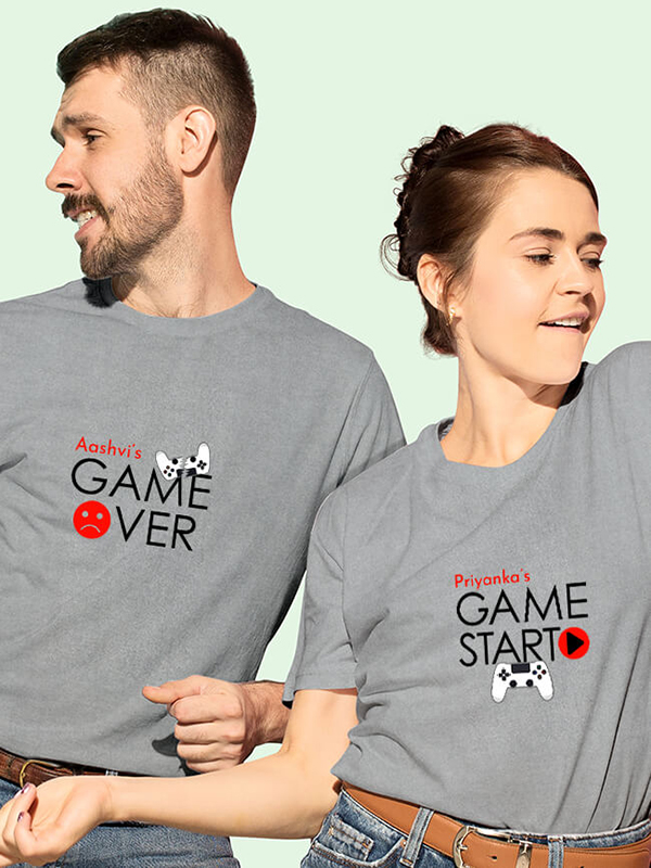 Custom Game Start Game Over Theme with Name On Customized Couple T-Shirt