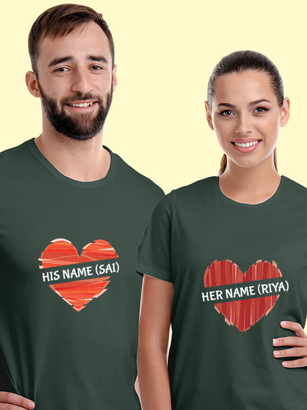 Custom His And Her Name Love Shape Couples T Shirt