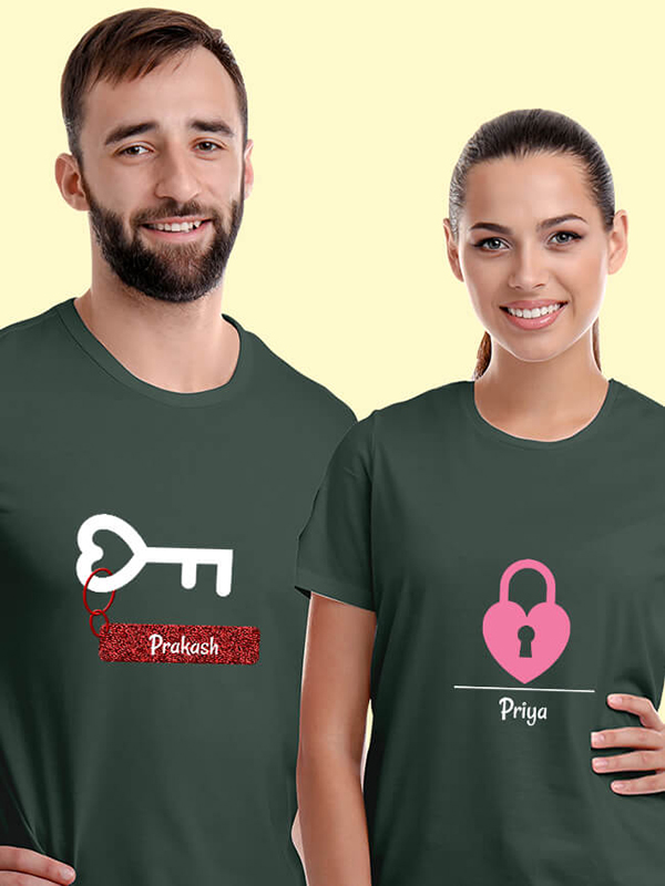 Custom Romantic Heart Lock And Key Couples T Shirt