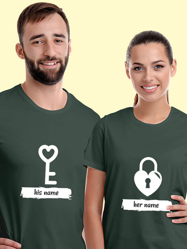 Custom Romantic Heart Lock And Vertical Key Couples T Shirt