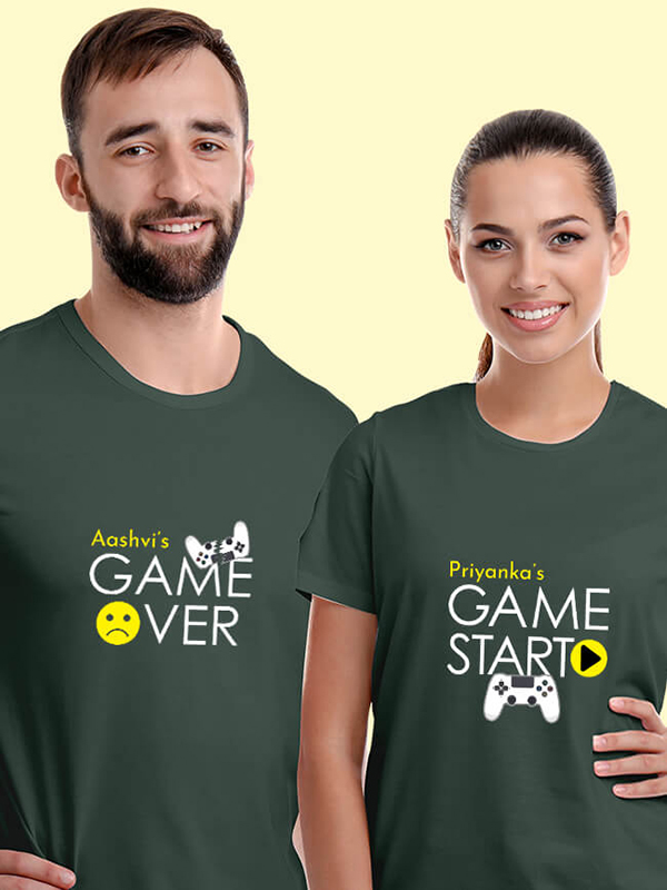 Custom Game Start Game Over Theme with Name On Customized Couple T-Shirt