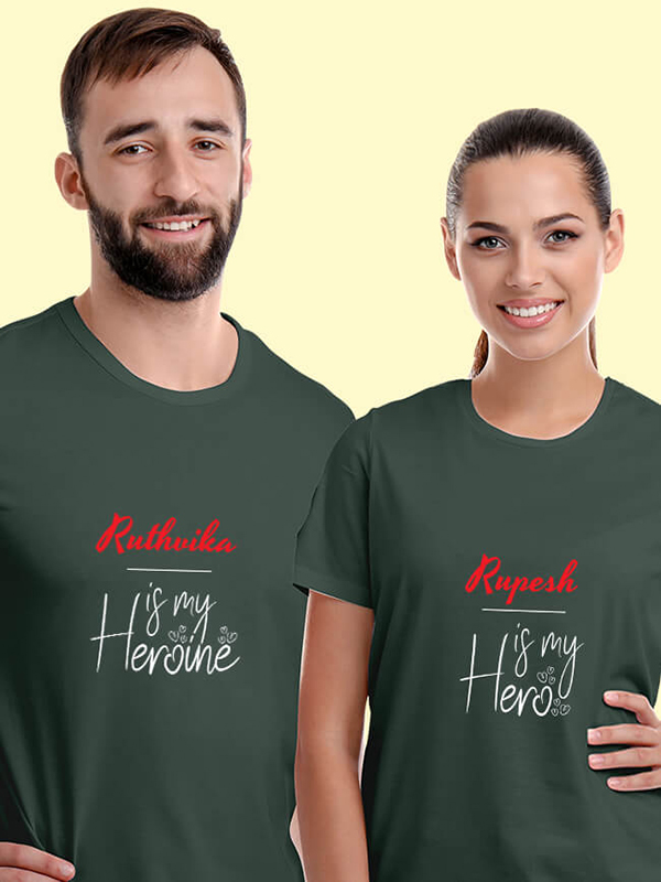 Custom He is My Hero, She is My Heroine with Names On Couple T-shirts For Men & Women