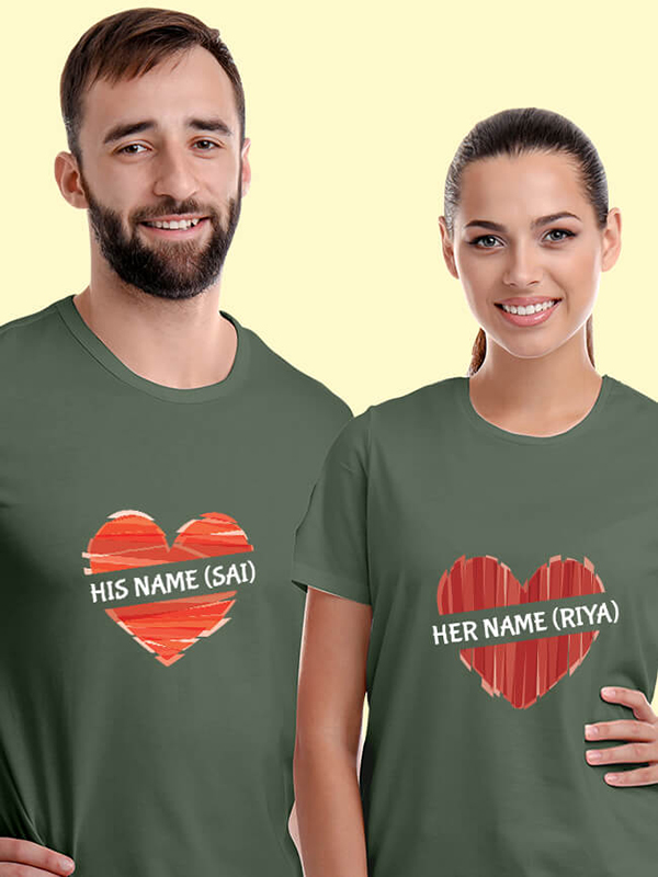 Custom His And Her Name Love Shape Couples T Shirt