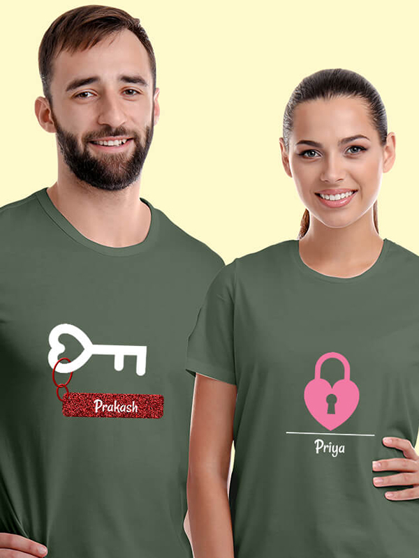 Custom Romantic Heart Lock And Key Couples T Shirt