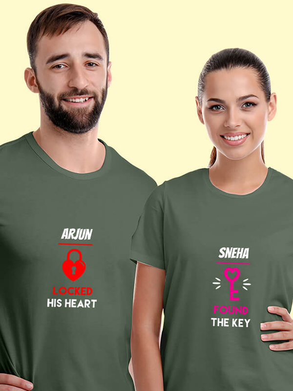 Custom Lock and Key with Names On Couple T-shirts For Men & Women