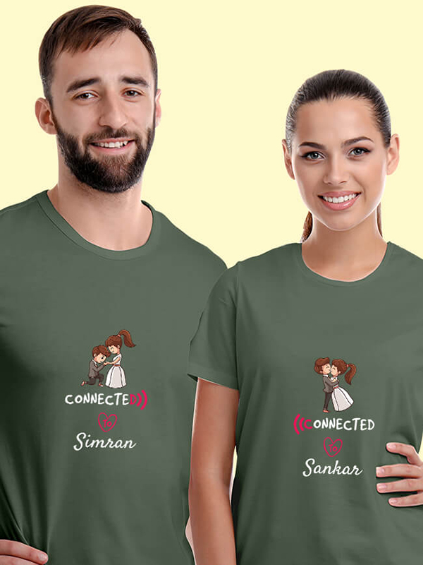 Custom Connected to with Names On Customized Couple T-Shirt