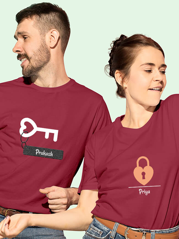 Custom Romantic Heart Lock And Key Couples T Shirt