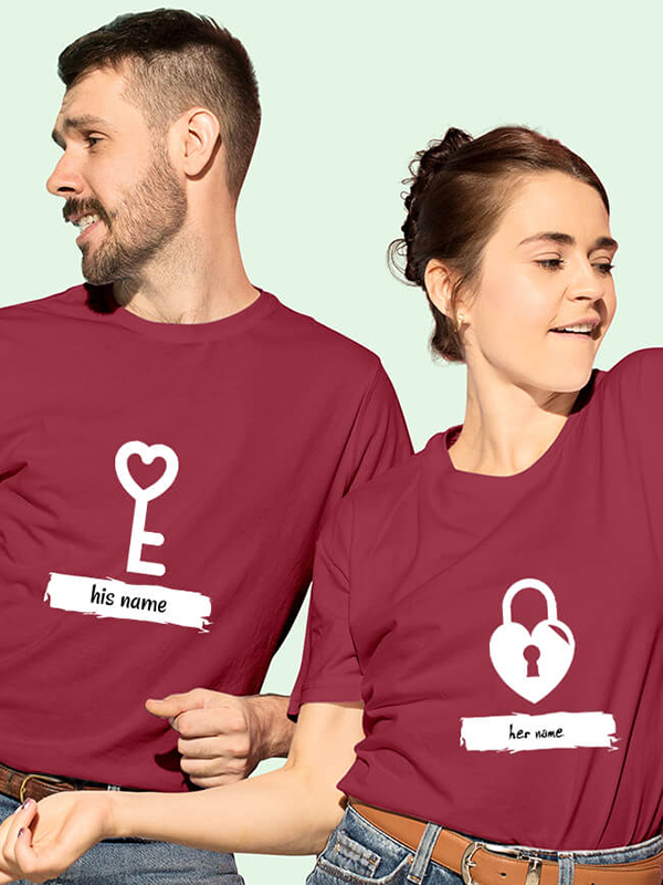 Custom Romantic Heart Lock And Vertical Key Couples T Shirt