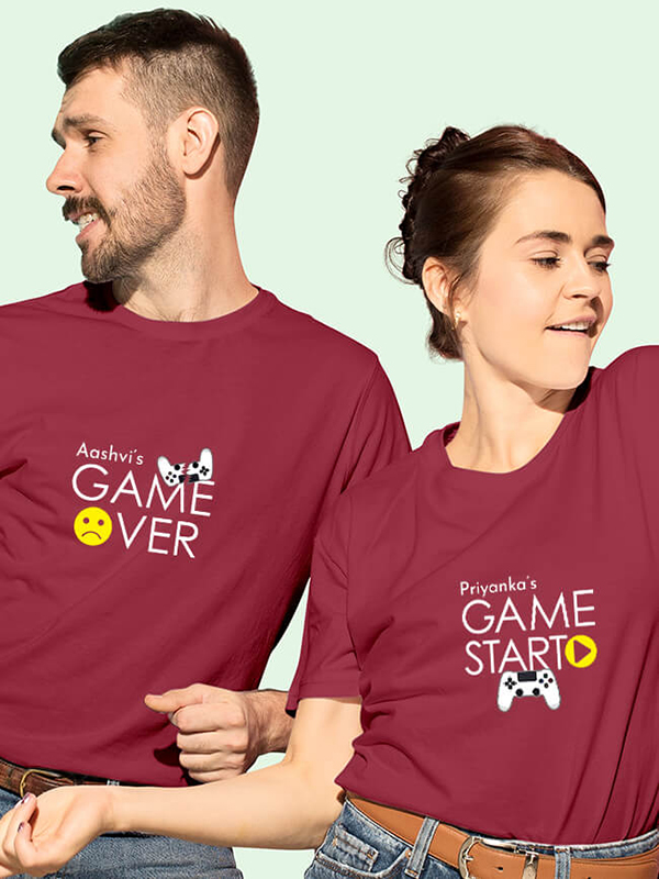 Custom Game Start Game Over Theme with Name On Customized Couple T-Shirt