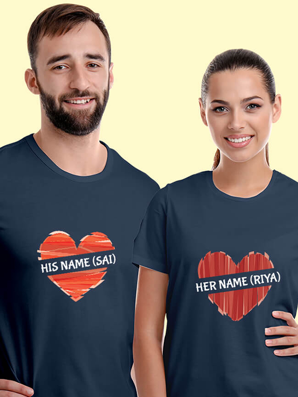 Custom His And Her Name Love Shape Couples T Shirt