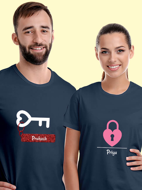 Custom Romantic Heart Lock And Key Couples T Shirt