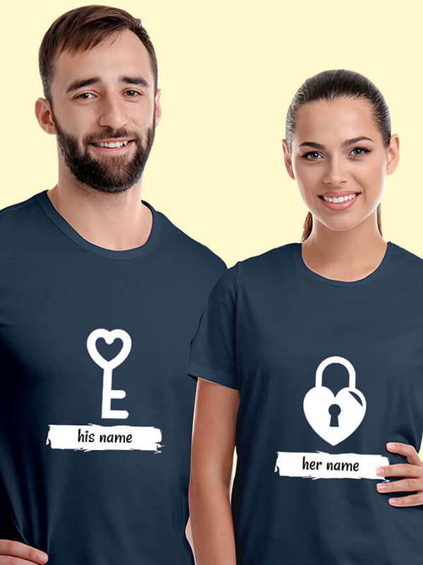 Custom Romantic Heart Lock And Vertical Key Couples T Shirt