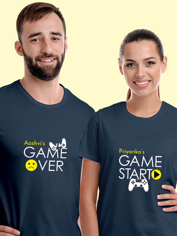 Custom Game Start Game Over Theme with Name On Customized Couple T-Shirt