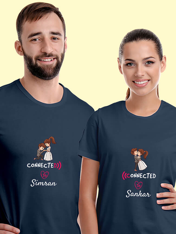 Custom Connected to with Names On Customized Couple T-Shirt