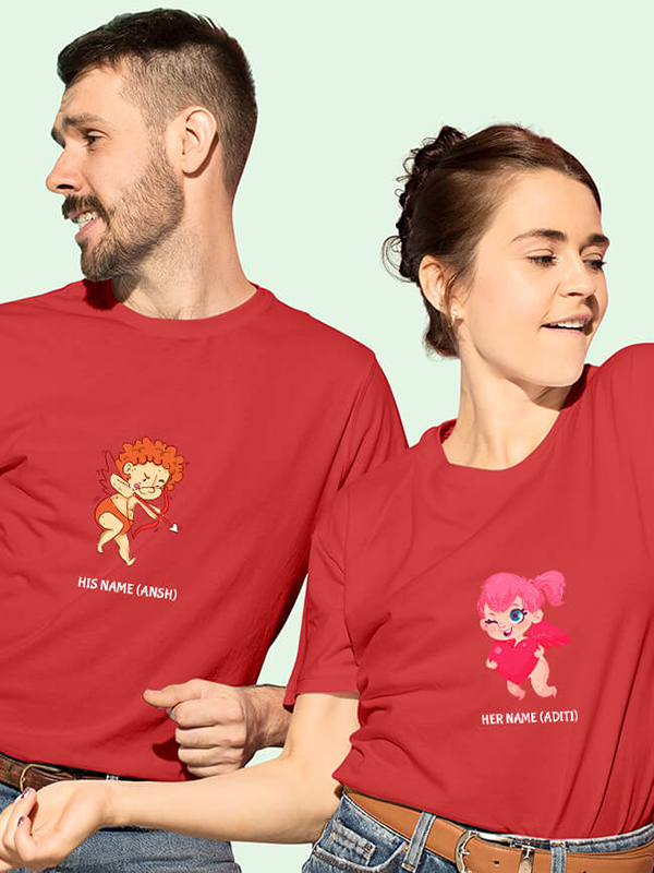 Custom Cupid Shooting Arrow Couples T Shirt