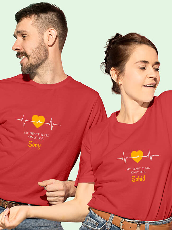 Custom Heart Beat Theme On Personalized Couple Tshirt