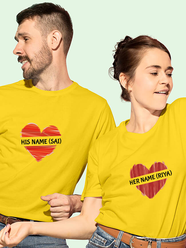 Custom His And Her Name Love Shape Couples T Shirt