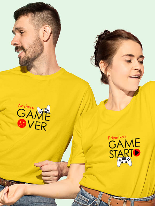 Custom Game Start Game Over Theme with Name On Customized Couple T-Shirt