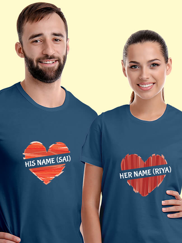 Custom His And Her Name Love Shape Couples T Shirt