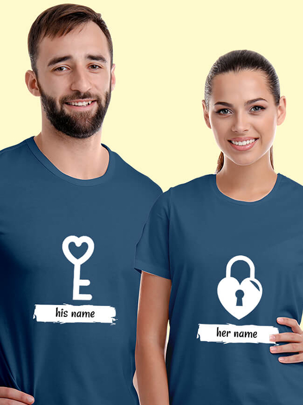 Custom Romantic Heart Lock And Vertical Key Couples T Shirt