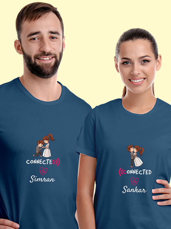 Custom Connected to with Names On Customized Couple T-Shirt