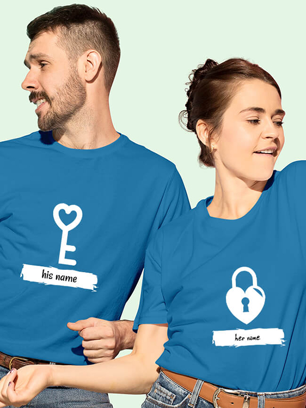 Custom Romantic Heart Lock And Vertical Key Couples T Shirt