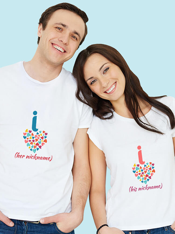 Custom Cute Nickname Multicolor Love Symbols Couples T Shirt