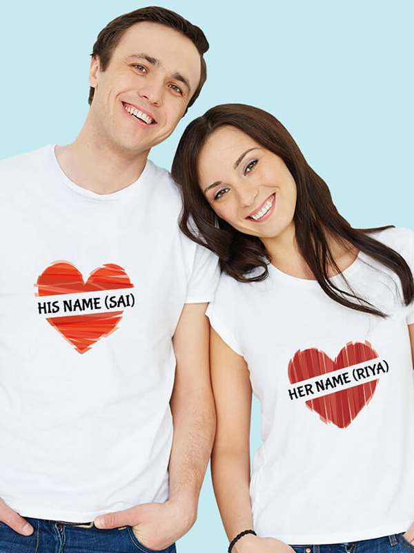 Custom His And Her Name Love Shape Couples T Shirt