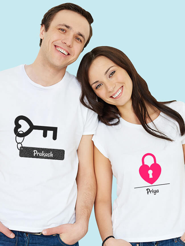 Custom Romantic Heart Lock And Key Couples T Shirt