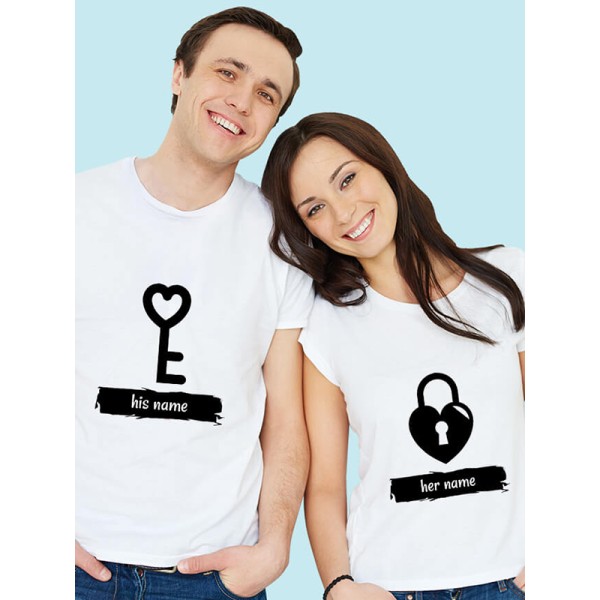 Romantic Heart Lock And Vertical Key Couples T Shirt
