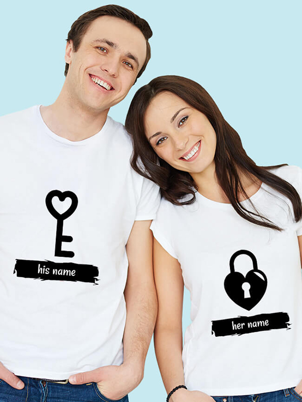 Custom Romantic Heart Lock And Vertical Key Couples T Shirt