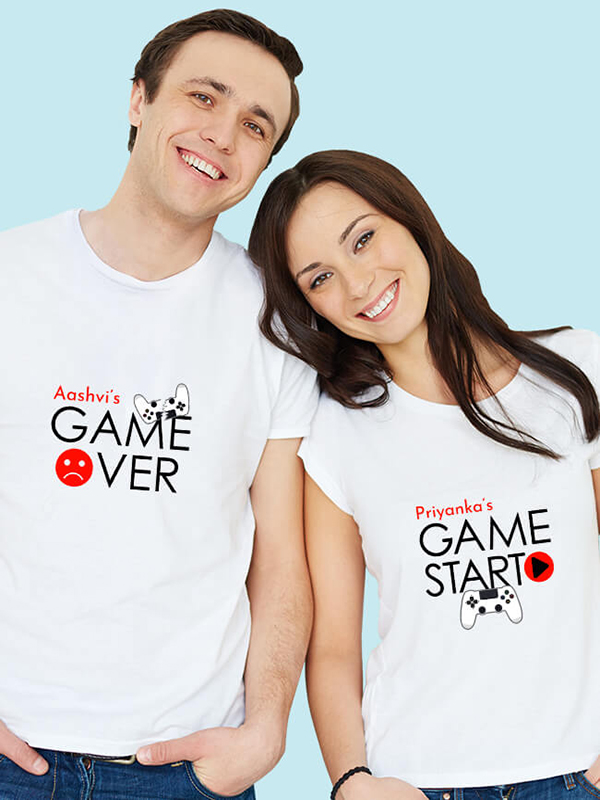 Custom Game Start Game Over Theme with Name On Customized Couple T-Shirt