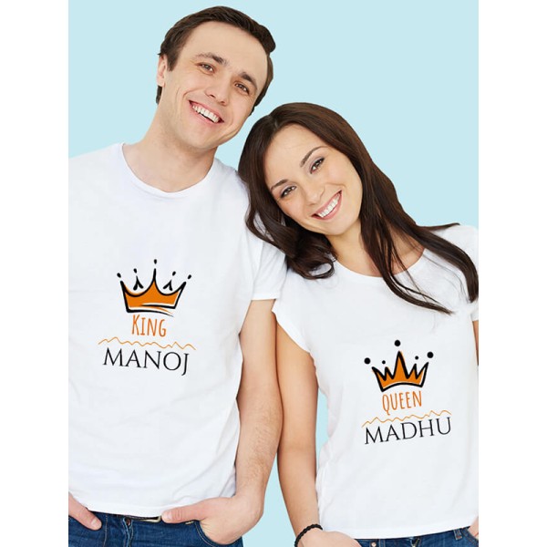 Queen and King with Couple Name On Customized Couple Tshirt
